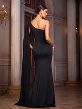 Elegant One Shoulder Hollow High Slit Black Prom Dress